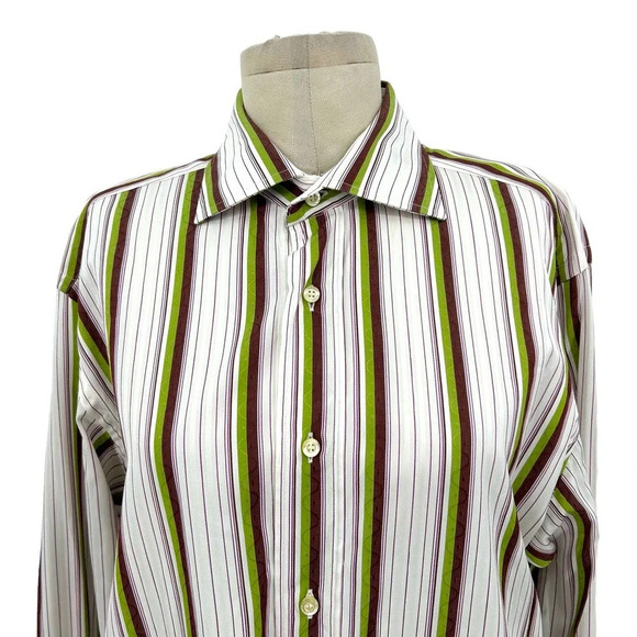 Etro Men's Button Down Shirt White Lime Green Maroon‎ Pinstripe Size 39 - Picture 2 of 6